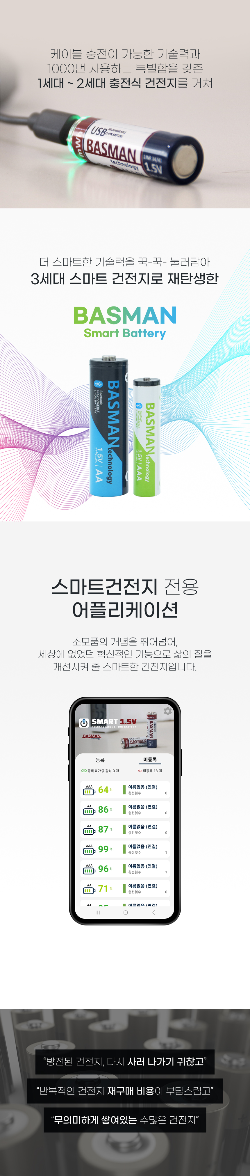 바스맨 3세대  충전식 AAA건전지 스마트 블루투스 리튬이온 배터리